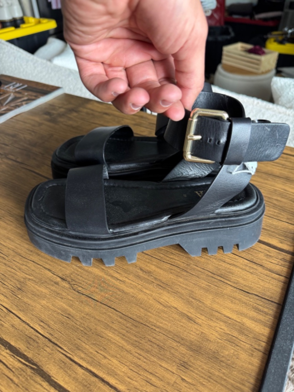 Zara Black Leather Strap Buckle Platform Sandals